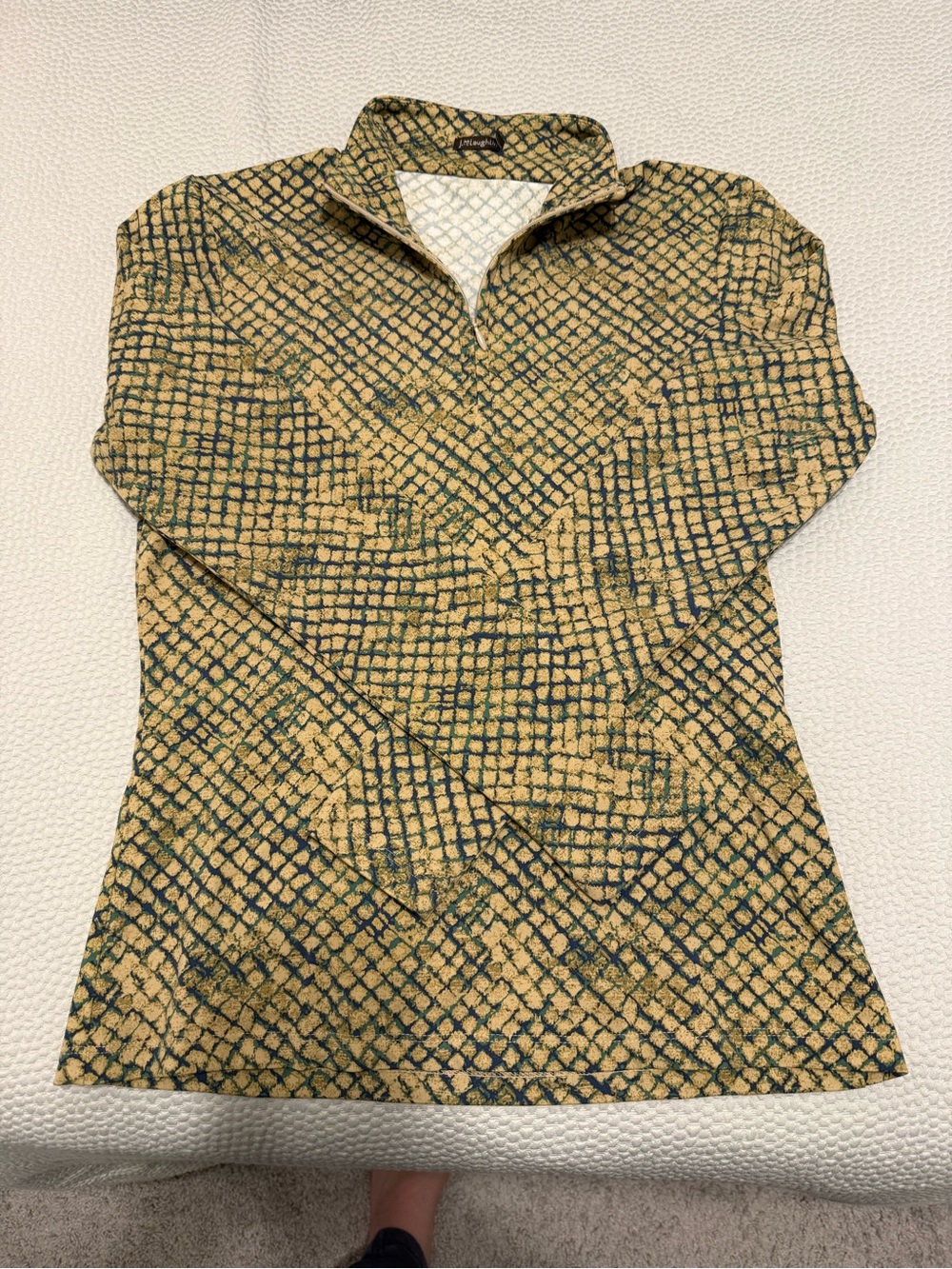 J. McLaughlin Quarter-Zip Patterned Pullover in Mustard and Navy